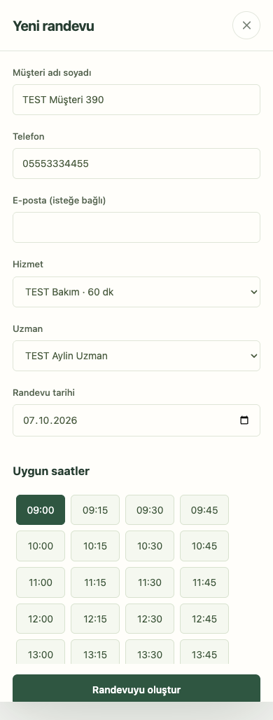DigitalPlan mobil tarayıcı görünümünde test verileriyle randevu oluşturma ve uygun saat seçimi
