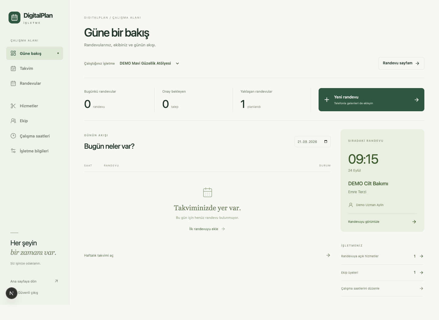 DigitalPlan işletme panelinde demo işletmenin günlük özeti ve yaklaşan randevusu