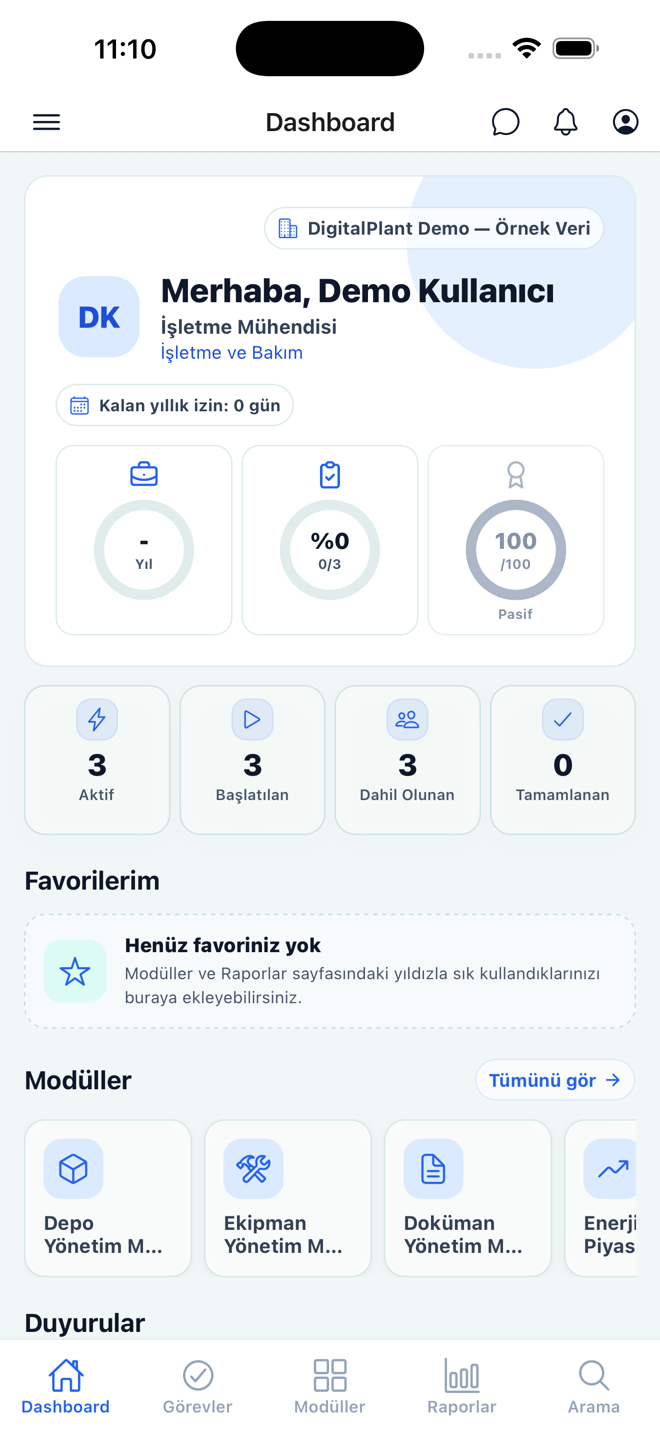 DigitalPlant mobil uygulamasının demo genel bakış ekranı