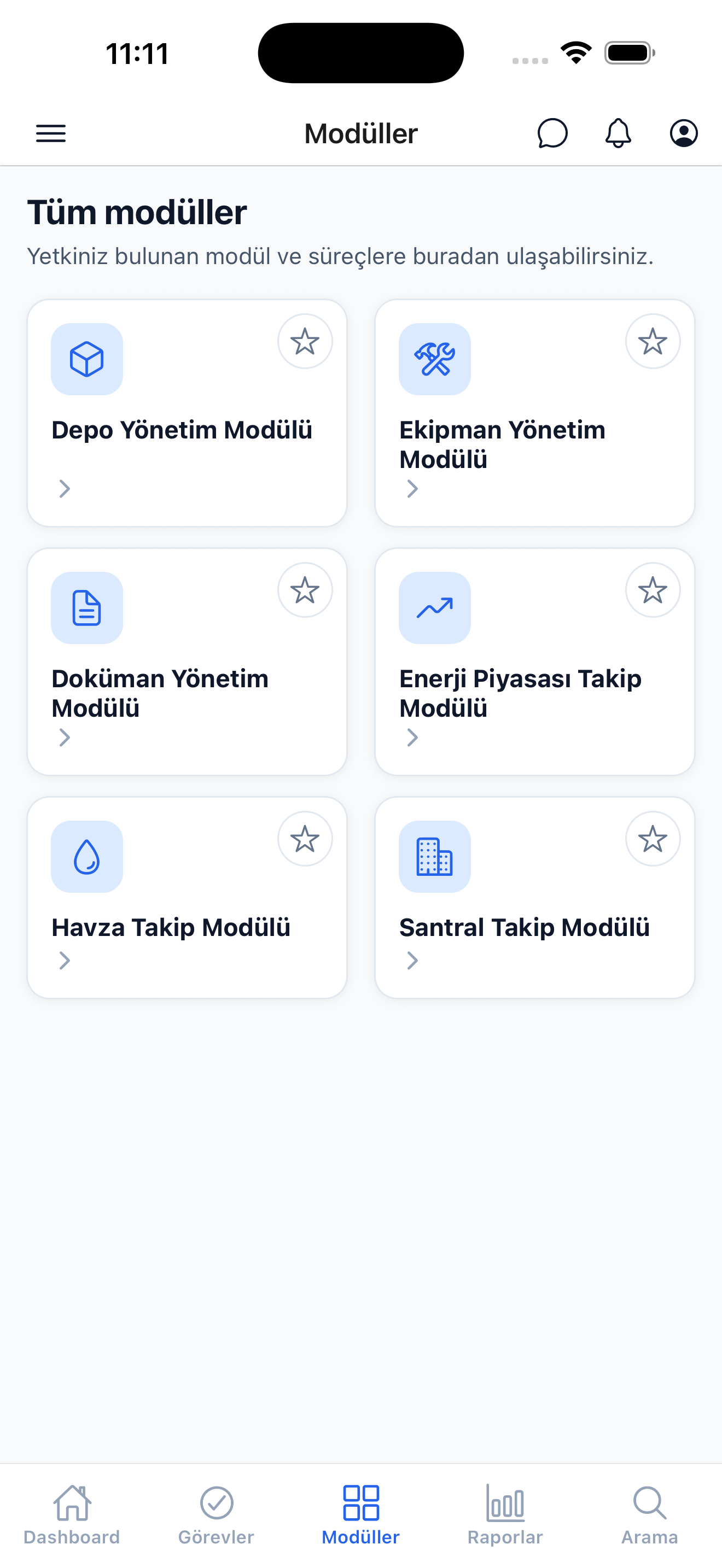 DigitalPlant mobil uygulamasında modüller ekranı