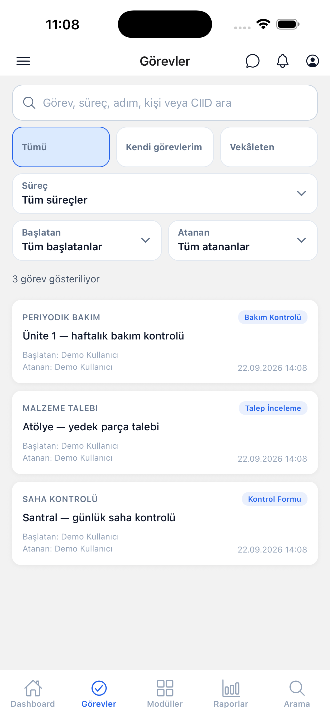 DigitalPlant mobil uygulamasında demo görev listesi